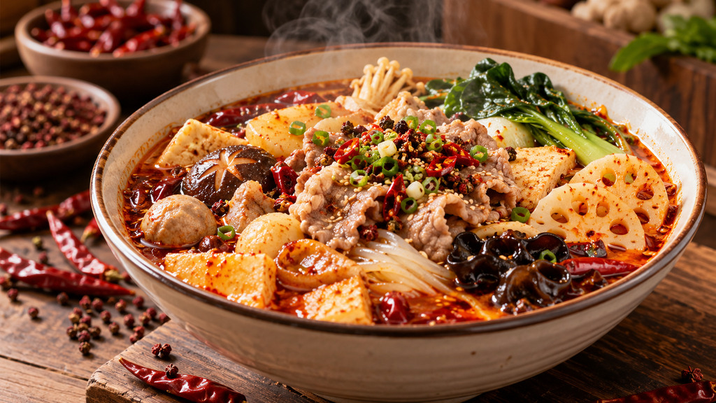 麻辣烫底料风味与门店食材搭配场景展示 麻辣烫红油汤底搭配牛肉、豆腐、莲藕、菌菇、青菜等多种食材展示