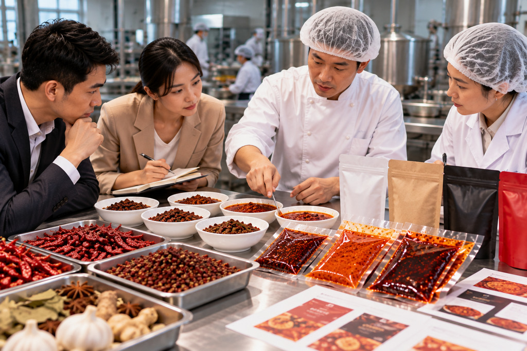 品牌方与研发人员查看火锅底料样品并核对产品规格和包装方案