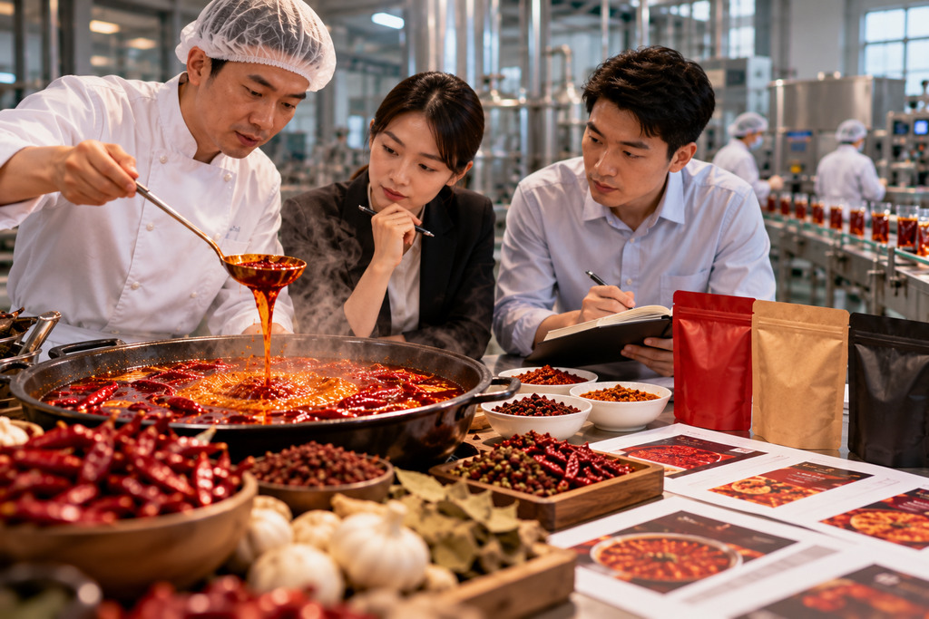 品牌方与研发人员围绕火锅底料样品进行试锅并记录味型调整意见