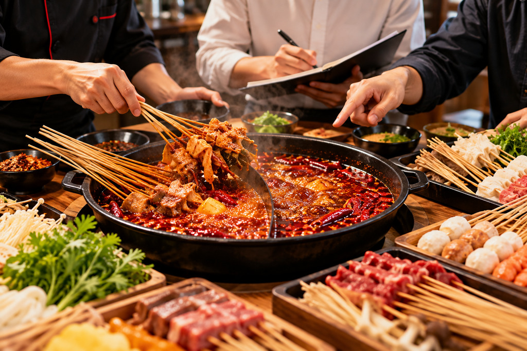 餐饮人员用不同串串香底料试锅并搭配肉类、蔬菜和串串菜品进行品尝比较