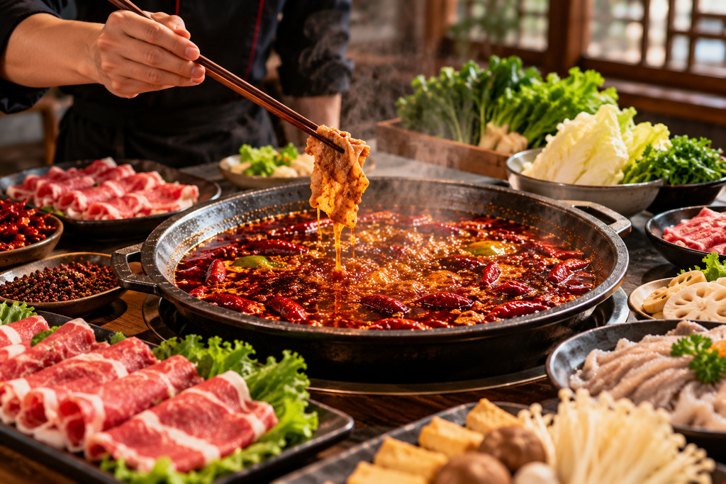 餐饮人员用清油麻辣锅底搭配肉类、菌菇和蔬菜进行试锅品尝