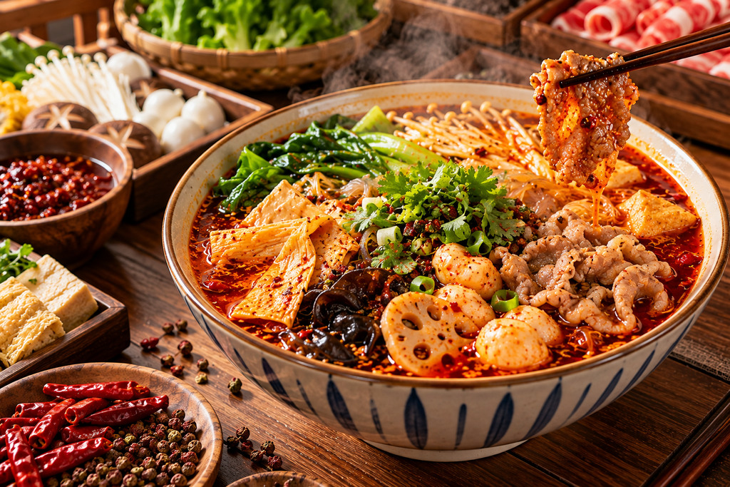 麻辣烫餐碗中搭配肉片、豆腐皮、菌菇、粉条和绿色蔬菜,食材浸在红亮麻辣汤汁中