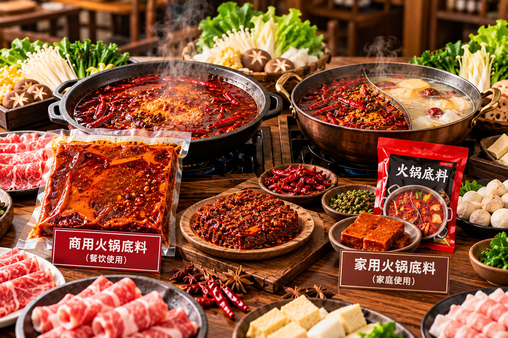餐饮试锅台上摆放两口红汤火锅，旁边配有毛肚、肉片、菌菇和蔬菜等常用涮品