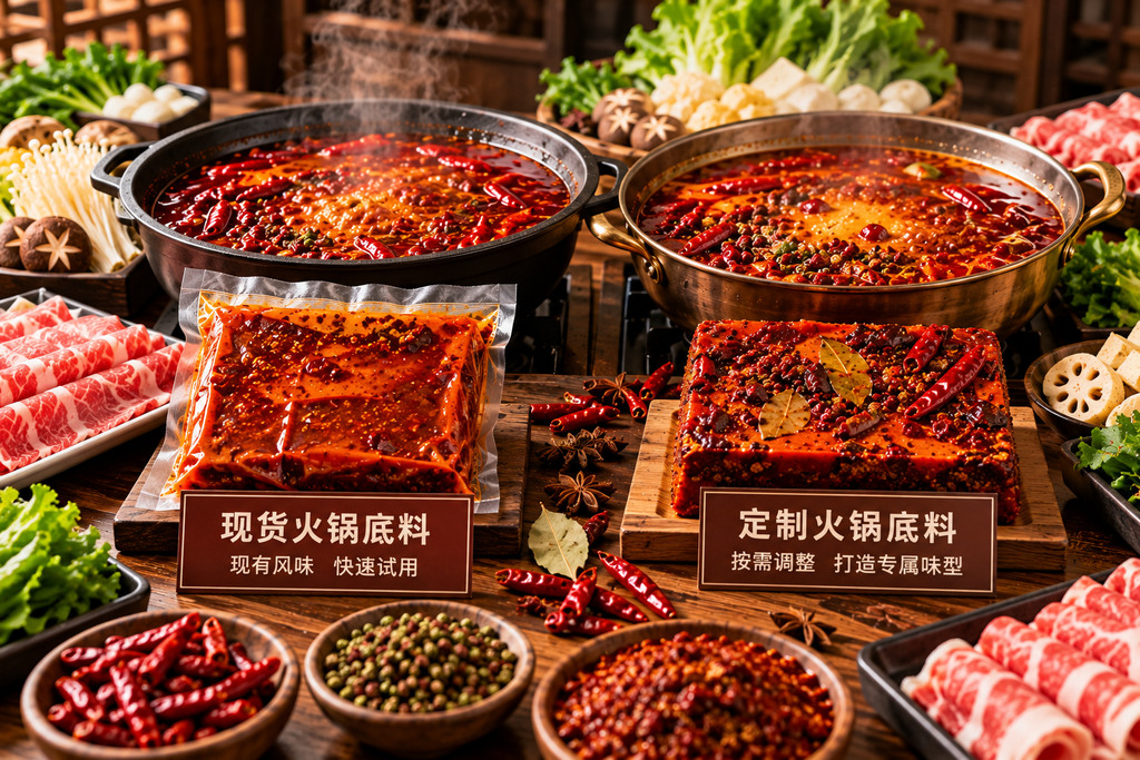 餐饮试锅台上并排摆放两口红汤火锅，周围有毛肚、肉片、菌菇和蔬菜，用于比较锅底风味