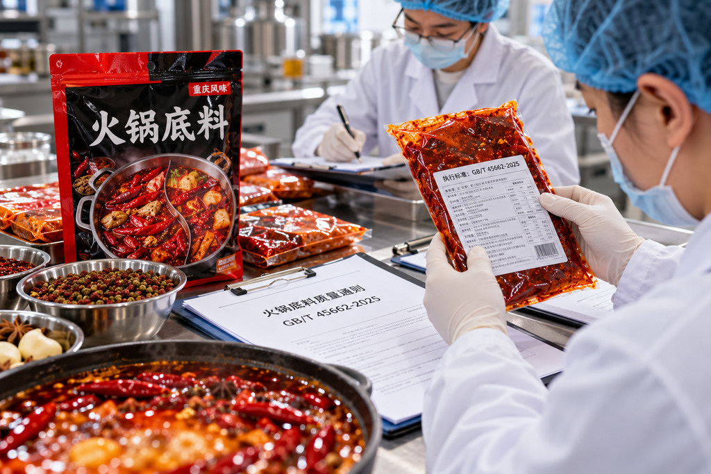 食品品控人员在工作台上核对火锅底料包装标签、产品资料和检验记录，旁边摆放袋装火锅底料样品