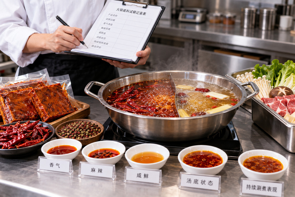 餐饮采购人员使用统一锅具和计量工具进行火锅底料试锅,并记录汤底颜色及加热后的状态