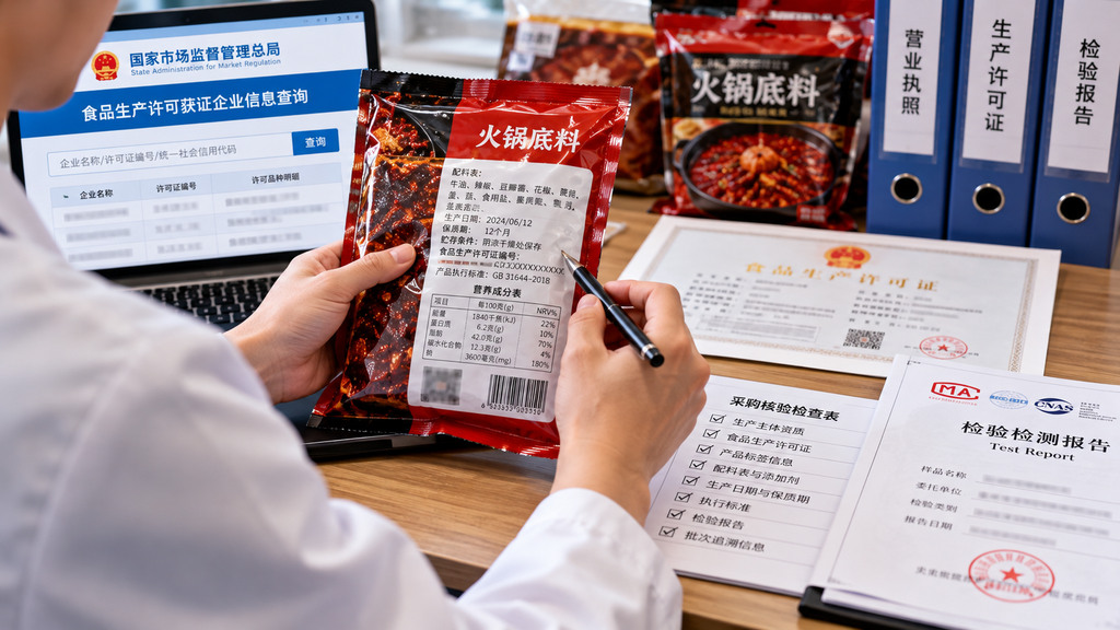 食品采购人员在办公桌上核对火锅底料包装背面的配料表、生产日期、食品生产许可证编号及相关产品资料