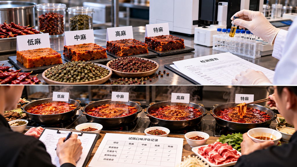 食品研发人员在不锈钢操作台上摆放青花椒、红花椒及不同麻度的火锅底料样品,并核对样品记录和检测资料