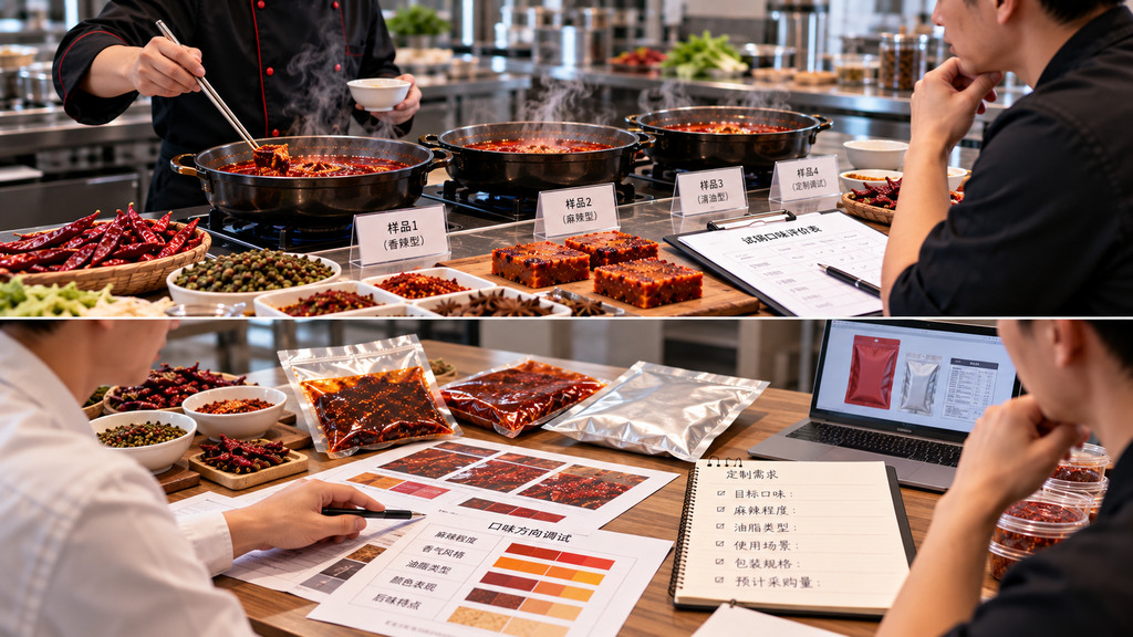 火锅店负责人在厨房使用相同锅具比较不同牛油火锅底料样品，操作台上摆放辣椒、花椒、计量工具和试锅记录表