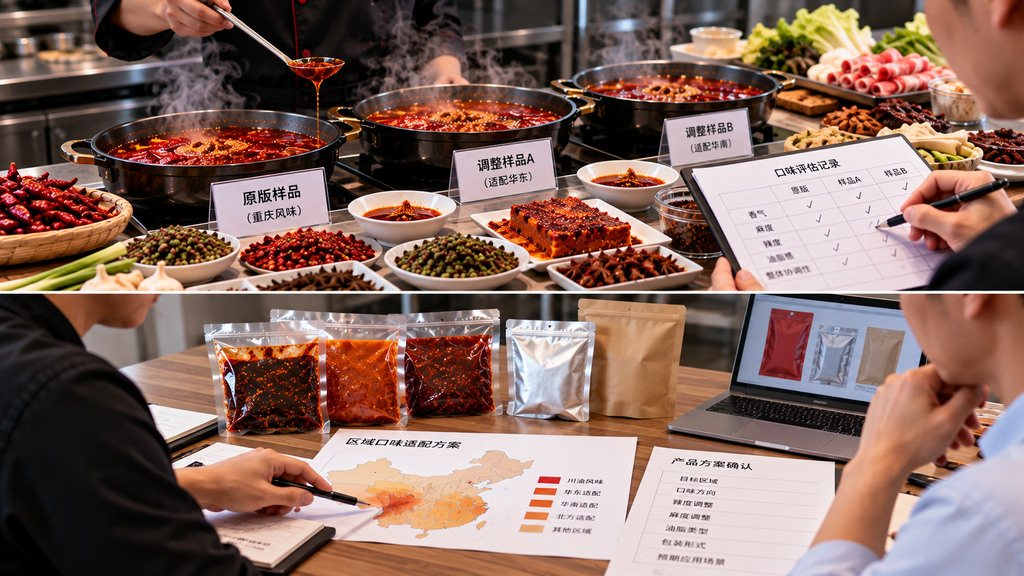 专业餐饮试锅台上摆放三组不同麻辣程度的红油火锅底料样品,旁边有辣椒、花椒、计量工具和风味评价记录表