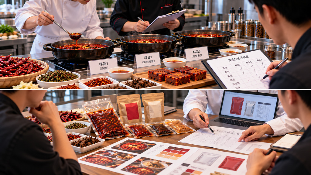 专业餐饮研发厨房内,厨师使用相同锅具试煮不同火锅底料样品,桌面摆放辣椒、花椒、底料样品和口味评价记录表