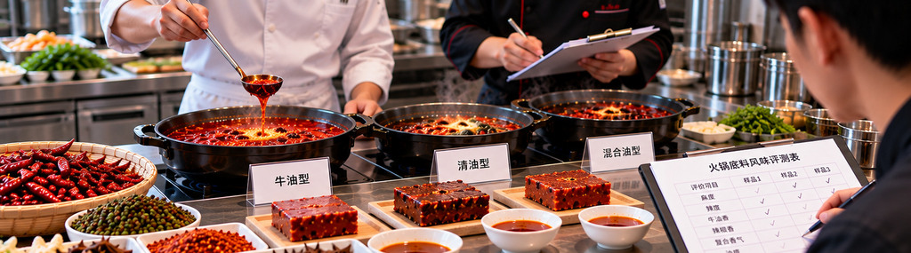 专业餐饮研发操作台上摆放牛油火锅底料、清油底料、干辣椒、青红花椒及不同香辛料，厨师对比锅底香气和麻辣表现