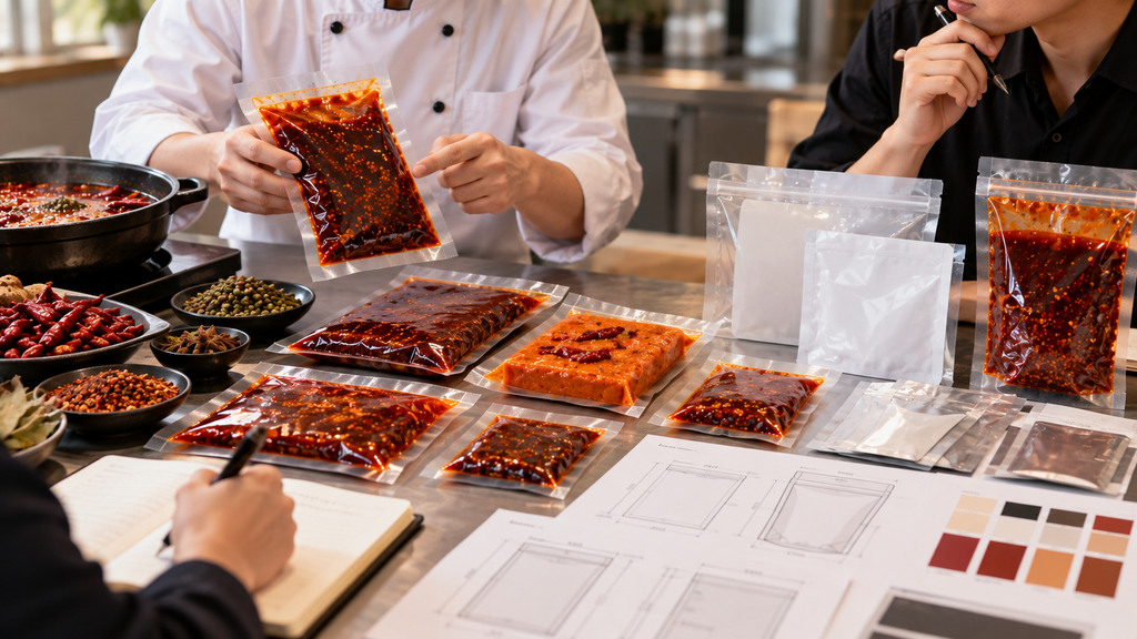 桌面摆放不同形态的透明火锅底料样品包装袋、红汤火锅底料和产品规格资料,包装无品牌名称及标识