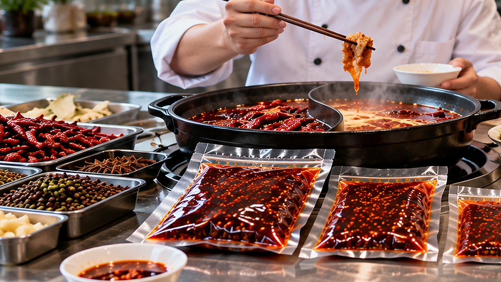 餐饮研发人员对比不同火锅底料样品和红汤锅底,桌面摆放透明无品牌包装的底料样袋、调味原料及试味记录