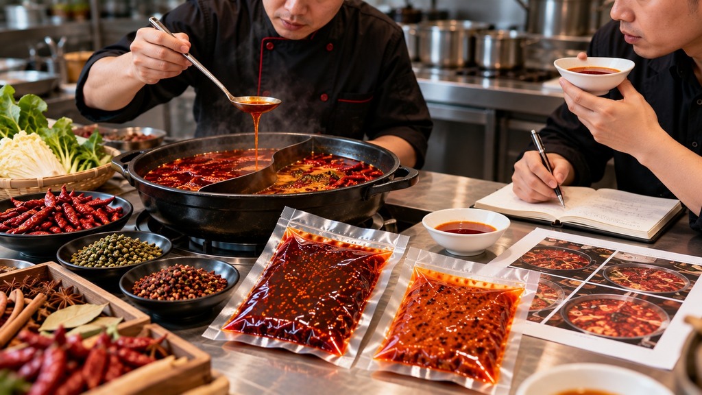小型火锅店后厨人员对比两款红汤火锅底料,桌面摆放透明无品牌包装的底料样品、辣椒和花椒