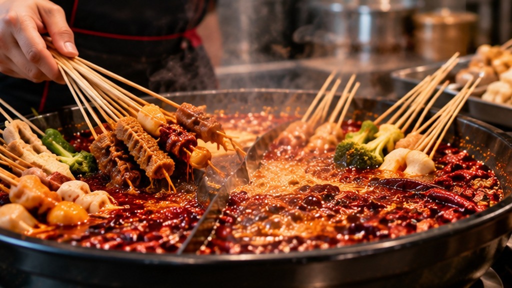 串串香门店使用麻辣锅底涮煮竹签串制的肉类和蔬菜食材,旁边摆放透明无品牌包装的底料样品