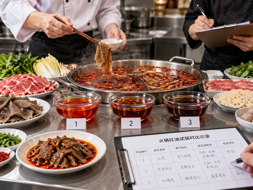 火锅红油试用对比场景，同一锅底旁摆放不同红油试样、标准食材和试锅评价记录表