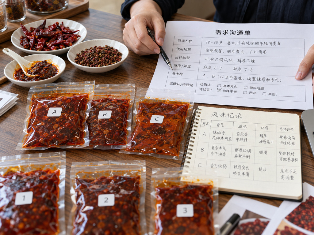 火锅底料参考样准备示意图，透明无品牌样品袋按编号摆放，旁边记录香气、麻辣程度及希望调整的风味方向