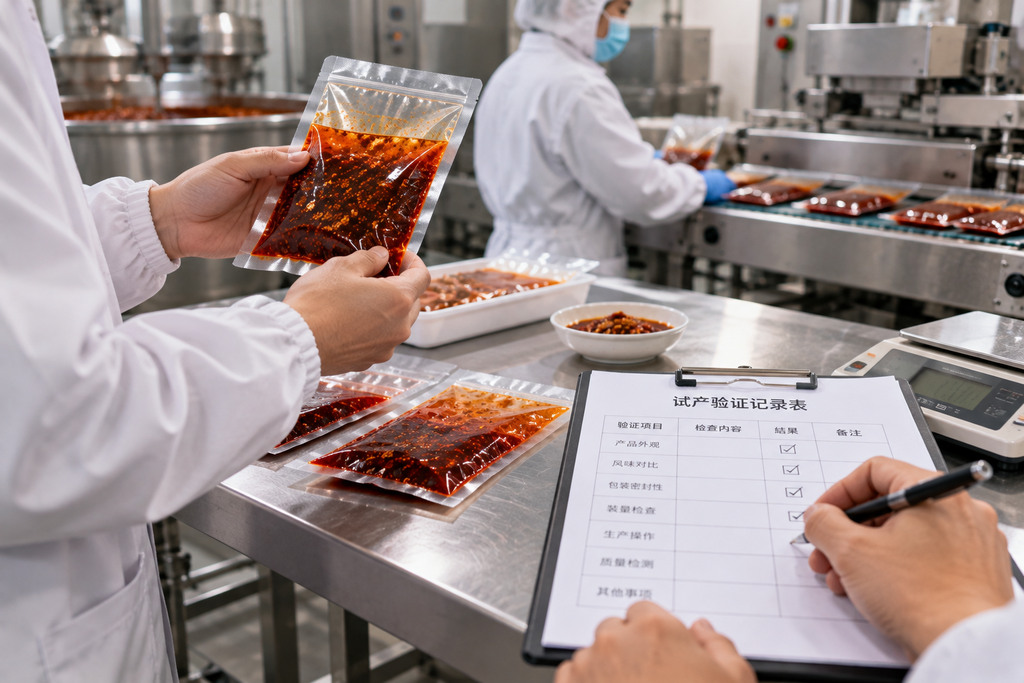 火锅底料试产验证示意图，工作人员在生产操作区域核对工艺记录、成品样品及包装状态