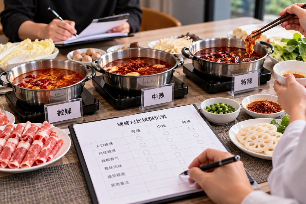 火锅底料辣感目标规划示意图，桌面摆放不同辣度方向的底料参考样、目标客群记录和辣感对比表