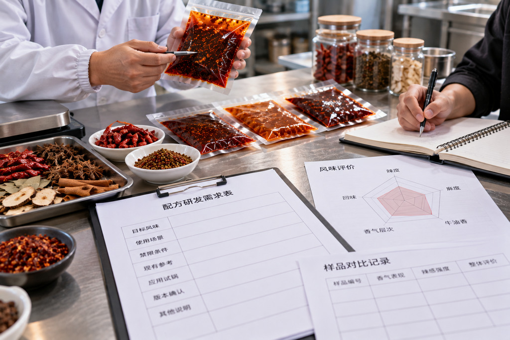 火锅底料配方研发需求整理示意图，桌面摆放目标风味资料、原料参考信息、透明无品牌底料样品及研发需求记录