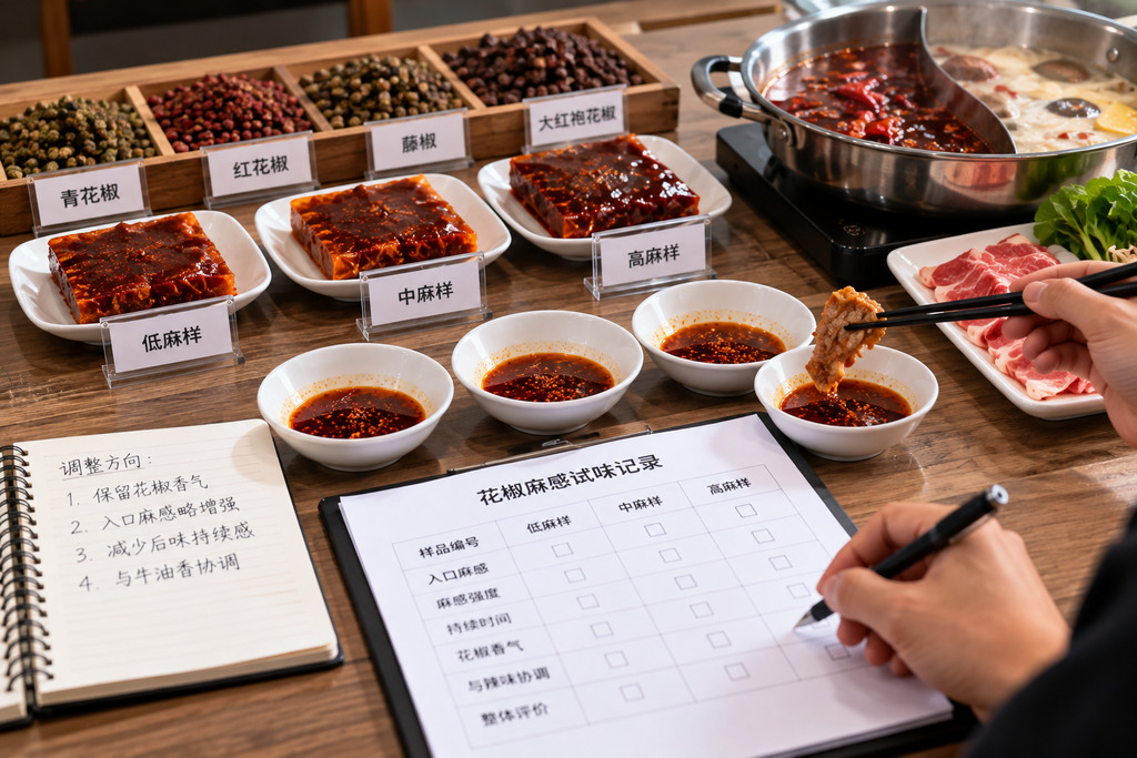 花椒麻感研发需求整理示意图，桌面摆放不同花椒参考原料、透明无品牌底料样品及麻感目标记录表