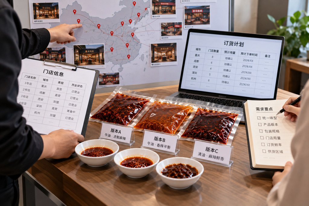 连锁火锅OEM合作准备示意图，桌面摆放不同门店分布资料、产品版本记录、透明无品牌底料样袋及订货计划表