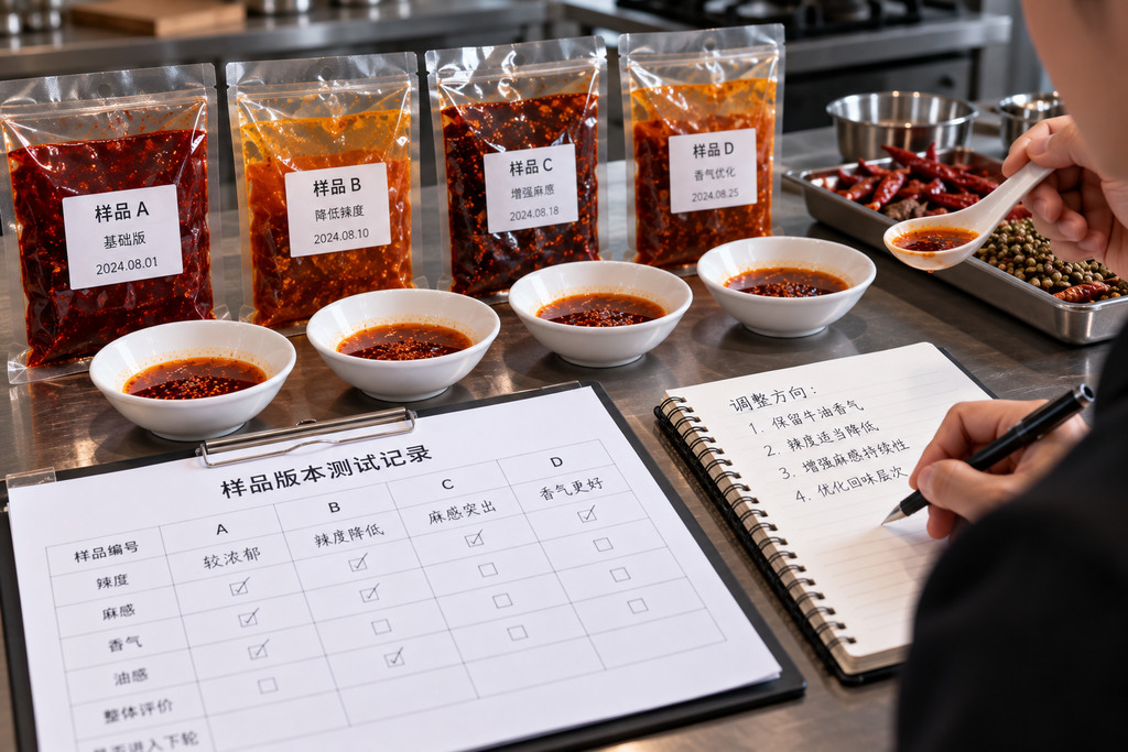 火锅底料样品版本管理示意图，透明无品牌底料样袋分别标注编号，旁边摆放样品版本台账和核对记录