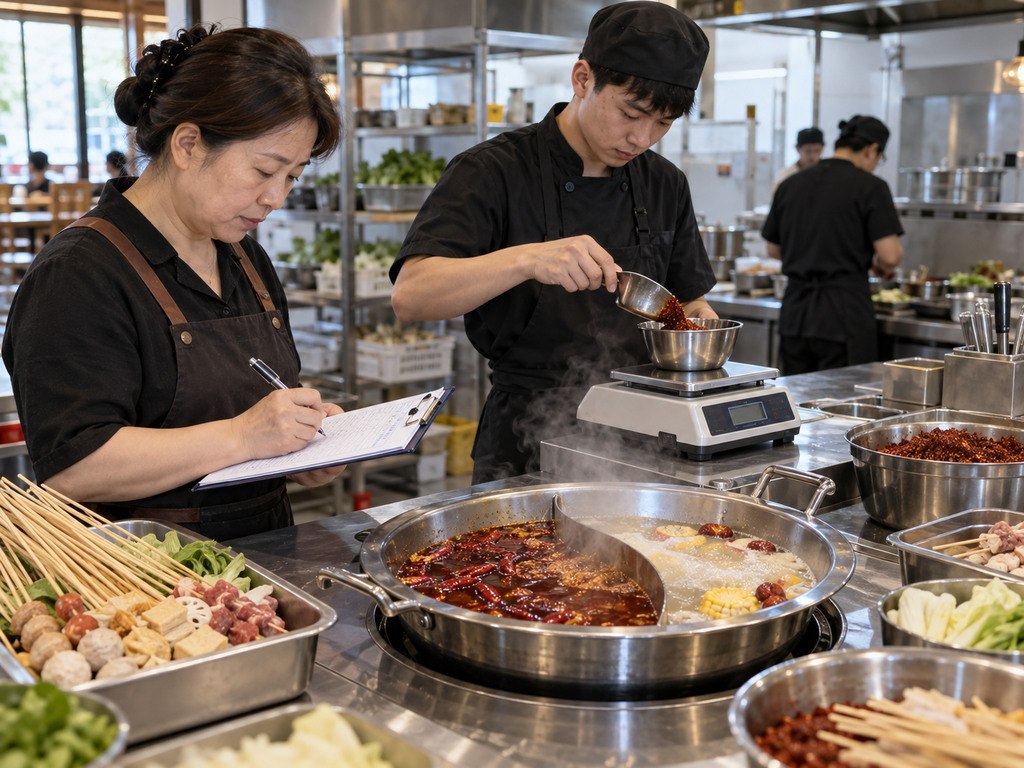 串串香门店试锅时对底料投料量、锅型和持续涮煮表现进行记录的示意场景