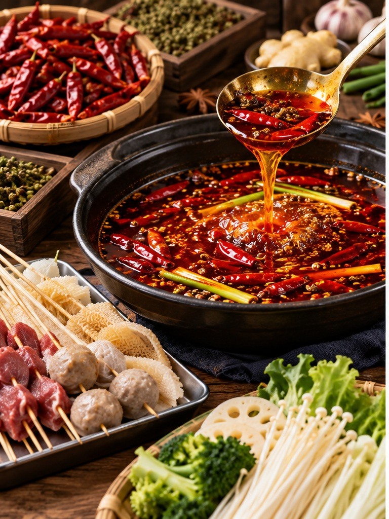 清油串串香锅底与辣椒、花椒、香辛料及竹签食材搭配的无品牌餐饮应用示意图