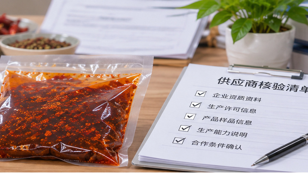 食品生产主体核验示意场景，办公桌上摆放企业资质资料、无品牌清油底料样品、生产信息核对表和电脑