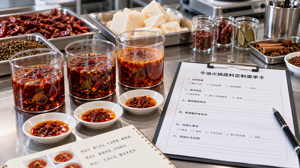 无品牌透明容器中的牛油火锅底料参考样、辣椒花椒原料与定制需求记录卡摆放在研发工作台上的示意画面