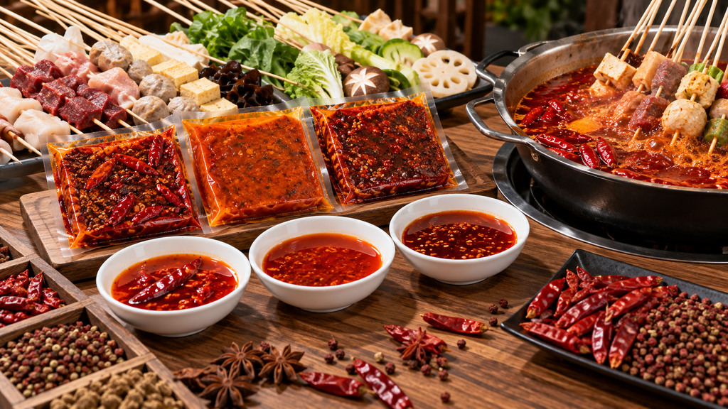 不同颜色的牛油串串香底料样品、干辣椒、花椒和串签食材摆放在无品牌餐饮试样工作台上的示意画面