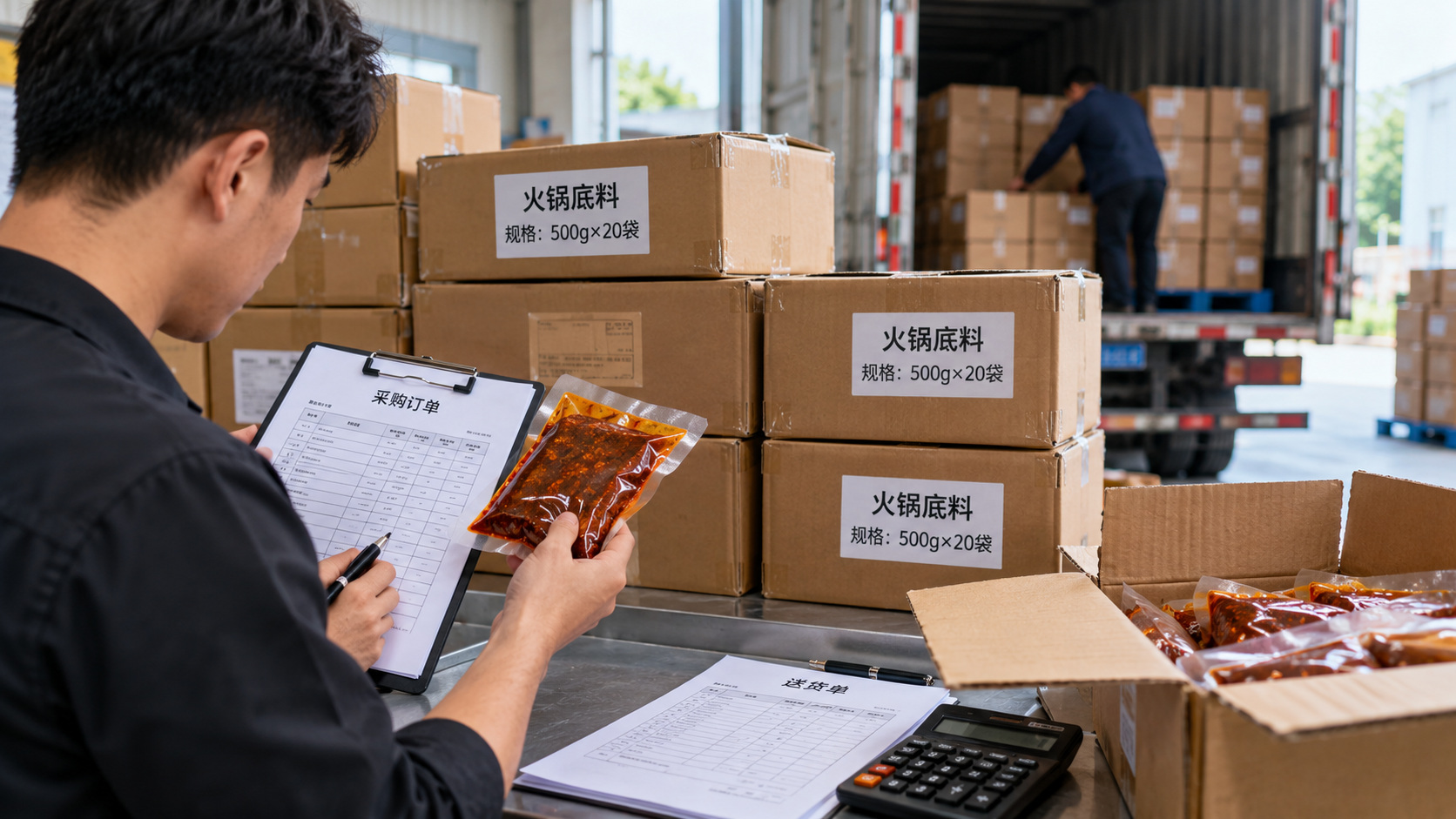 收货员正在清点火锅底料数量