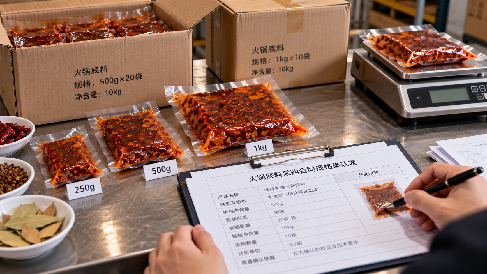 采购工作台上摆放不同净含量的透明无品牌火锅底料包装、电子秤、纸箱及产品规格确认表，展示采购人员核对单袋重量、装箱数量和订单信息的业务场景