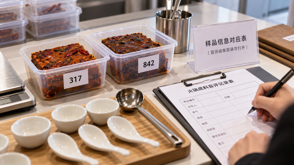 火锅底料盲评准备台上摆放编号317和842的无品牌样品容器，旁边有电子秤、称量勺及单独保存的样品版本对应记录