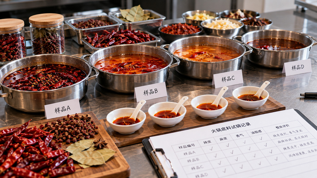 工作台上摆放不同颜色和浓度的火锅底料试锅样品，旁边放有辣椒花椒及样品编号卡片