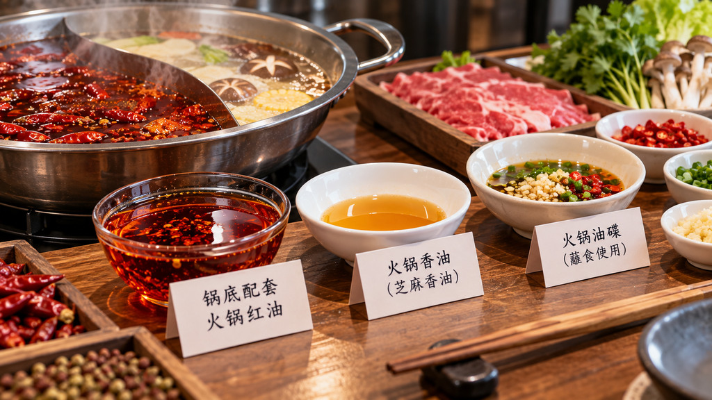 火锅锅底旁摆放红亮的锅底配套红油样品和用于蘸食的浅金色香油油碟，展示两种调味油的不同使用场景