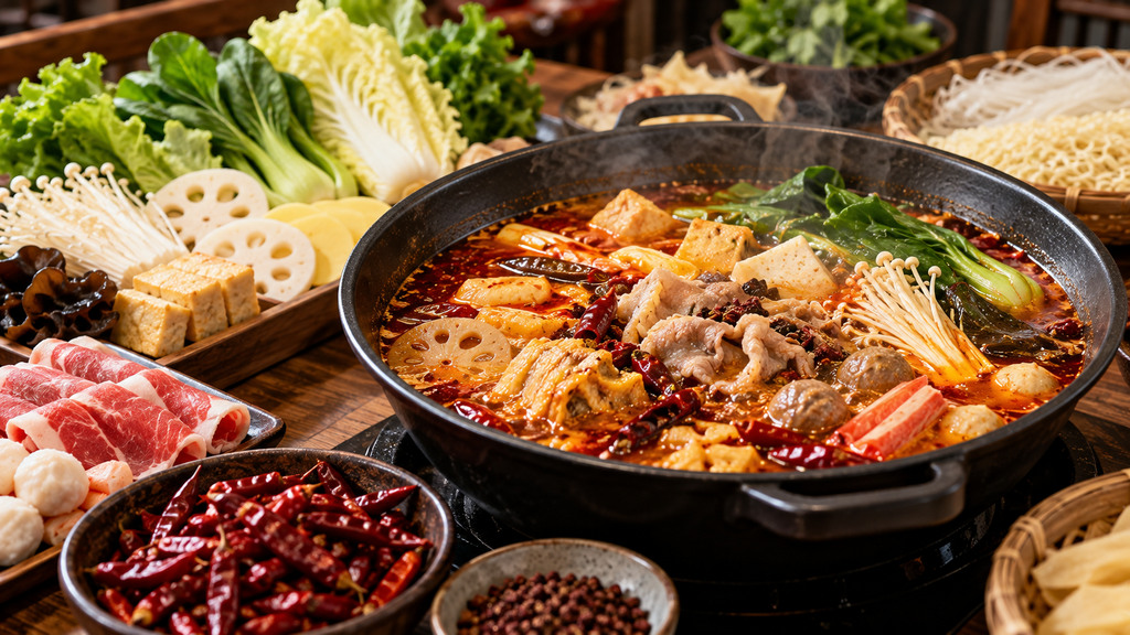 麻辣烫试煮场景中摆放肉片、豆制品、菌菇、叶菜和粉类食材,展示不同食材与汤底的搭配