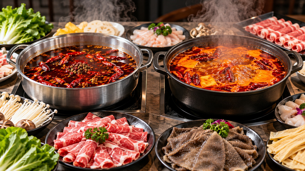 两口火锅分别呈现清油麻辣锅底和牛油麻辣锅底的油汤状态，旁边摆放牛肉、毛肚、菌菇和蔬菜的对比试锅示意场景