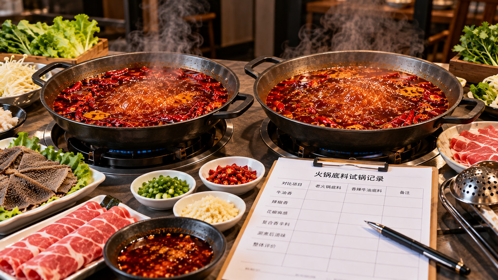 餐饮试锅场景中,两口相同规格的麻辣牛油火锅分别用于比较牛油脂香和香辣风味,旁边摆放毛肚、牛肉、漏勺及试味记录纸