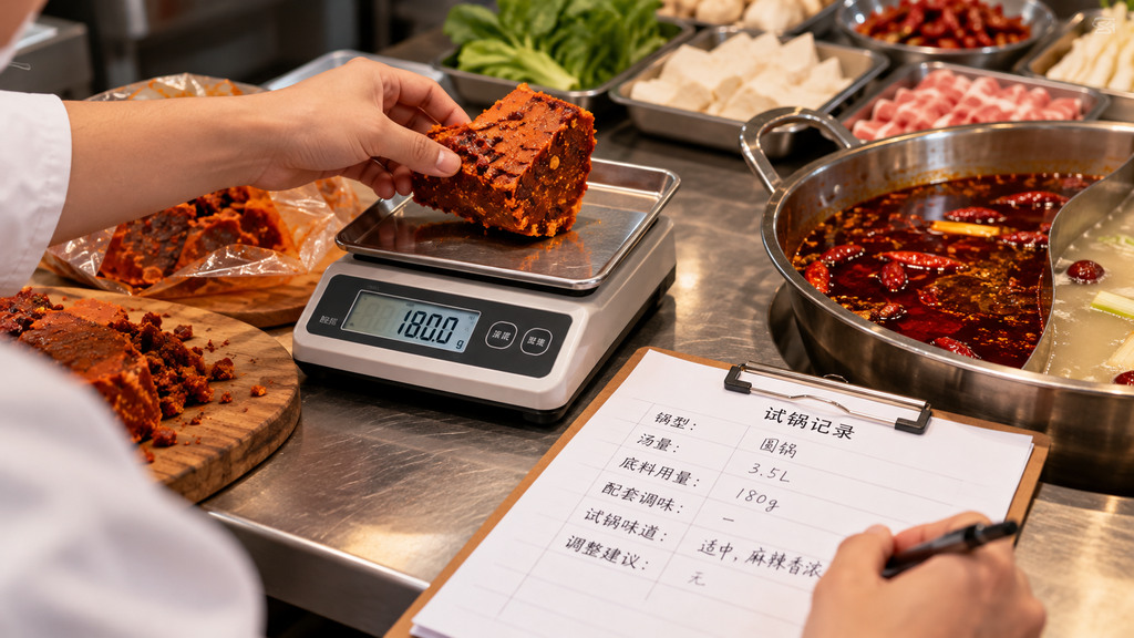 火锅底料单锅用量核算示意：电子秤称量无品牌包装的底料，旁边放置火锅锅具和用量记录表