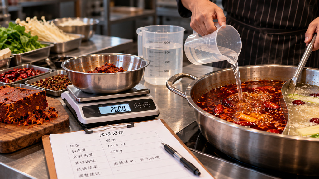 餐饮后厨试锅人员使用电子秤称量火锅底料，并记录锅型、汤水量和试锅口味的操作示意