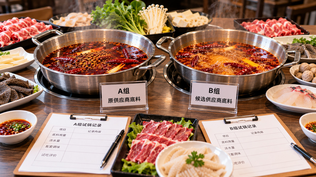 新旧两款火锅底料在相同锅具中进行并行试锅,桌面摆放牛肉、毛肚、豆皮等对照食材及两组试味记录卡