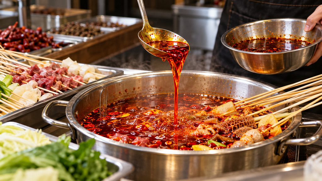 串串香红油与现用串串底料搭配试锅,观察汤面红亮度、油层状态和食材挂味的示意场景