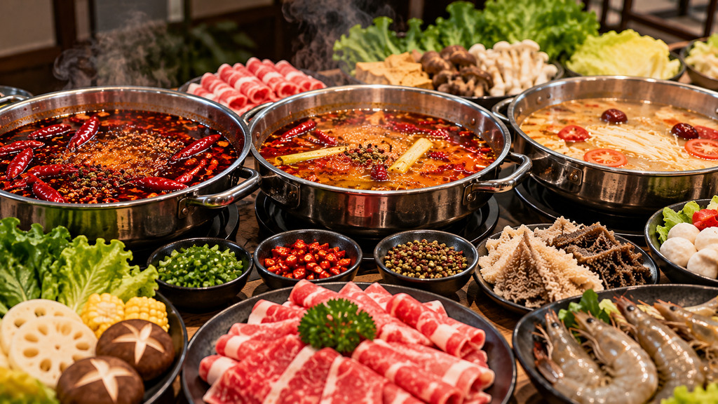三组不同麻辣强度与油脂风格的火锅底料试锅样品,搭配相同涮煮食材进行风味对照的示意场景