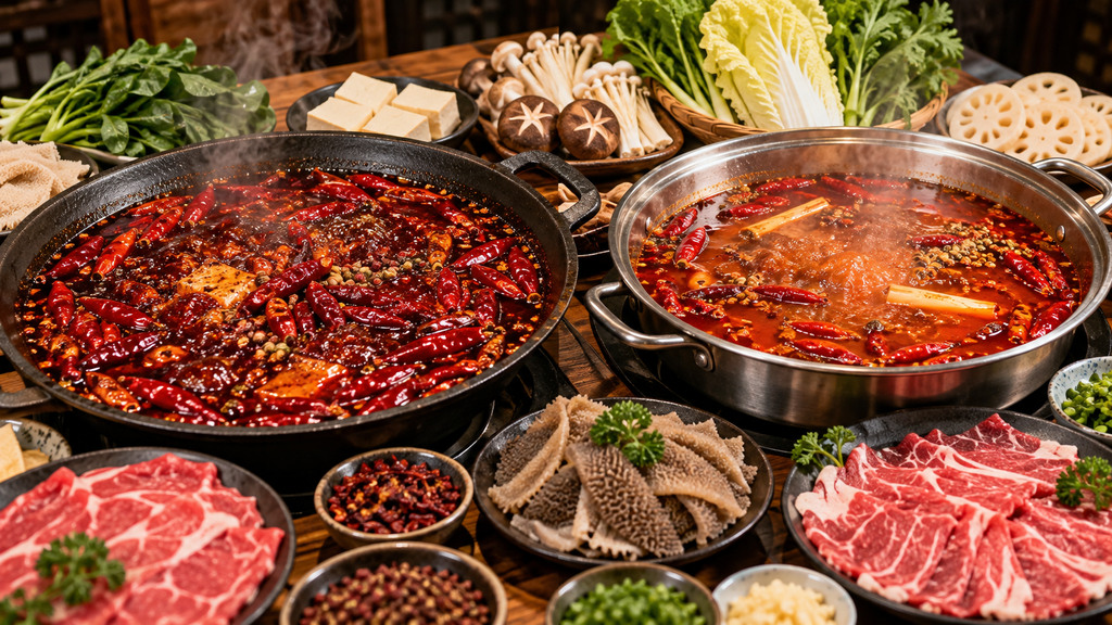 重庆牛油火锅与油脂感相对轻的麻辣火锅分别搭配相同食材，观察汤面油脂和辣椒花椒状态的示意场景