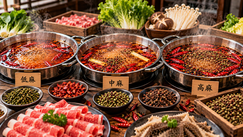 三组不同花椒麻感方向的火锅底料试锅样品，搭配花椒、辣椒和相同规格锅具进行风味对照的示意场景