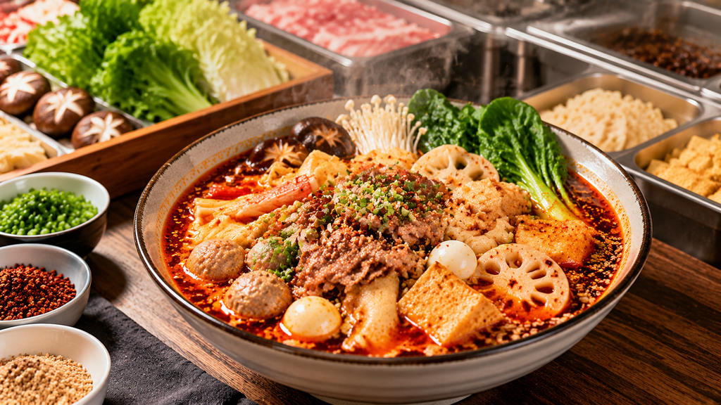 一碗红油麻辣烫搭配肉类、豆制品、菌菇和绿叶蔬菜，展示汤底与多种食材的组合状态
