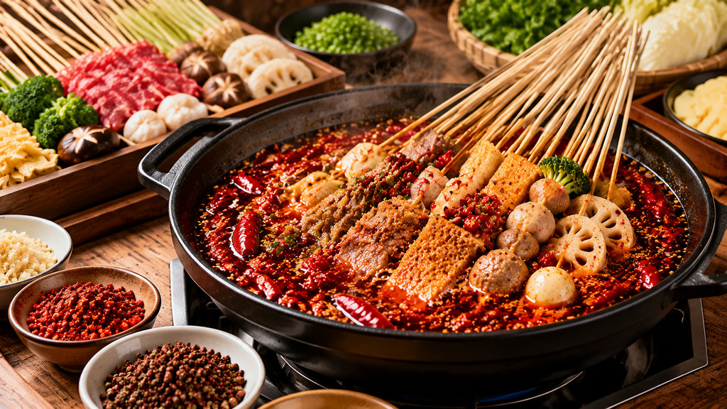 清油串串香锅中摆放不同荤素串串,展示锅型、食材搭配和持续涮煮的应用场景